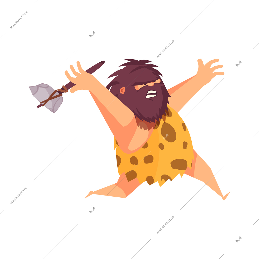Primitive man caveman composition with cartoon human character of ancient person hunting vector illustration