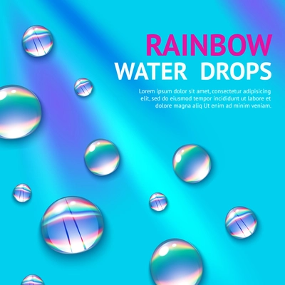 Realistic water drops with colorful rainbow reflection inside poster vector illustration