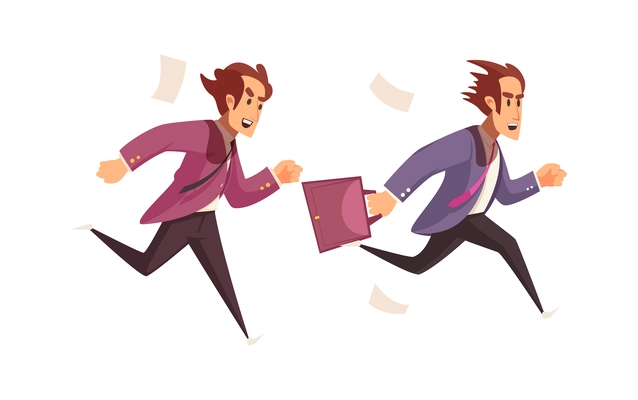 Busy later business people composition with cartoon style characters of workers in rush vector illustration