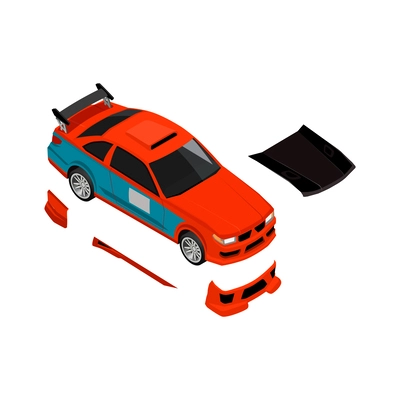 Car tuning isometric composition with icons of detached car parts on blank background vector illustration