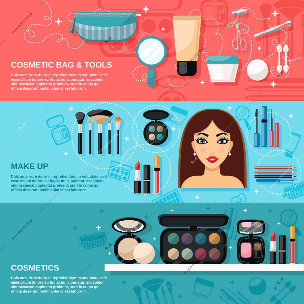 Makeup horizontal banner set with cosmetic bag and tools elements isolated vector illustration