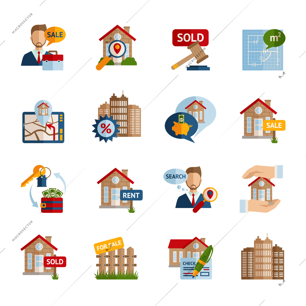 Real estate property rent and sale icons set isolated vector illustration