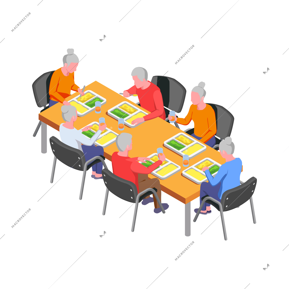 Nursing home isometric composition with staff monitoring patients and elderly people activities vector illustration