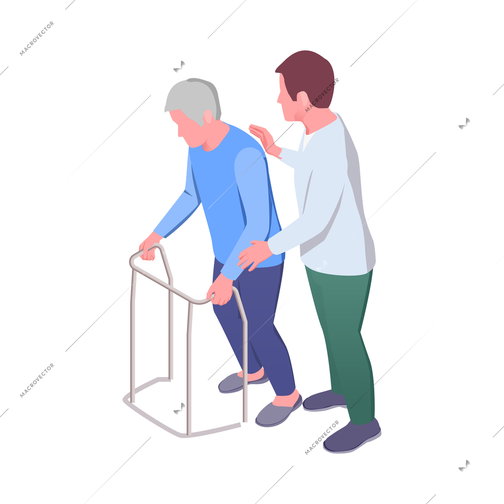 Nursing home isometric composition with staff monitoring patients and elderly people activities vector illustration