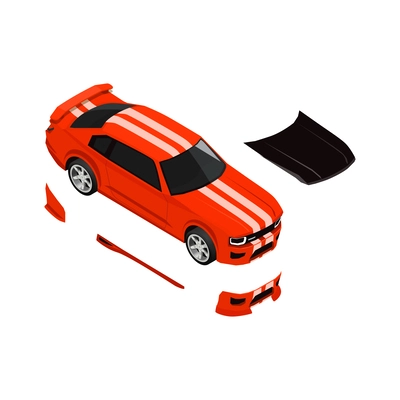 Car tuning isometric composition with icons of detached car parts on blank background vector illustration