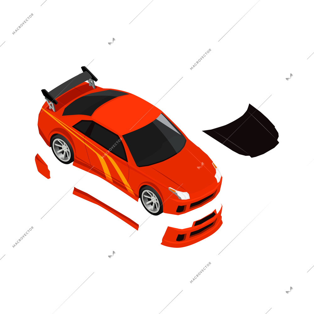 Car tuning isometric composition with icons of detached car parts on blank background vector illustration