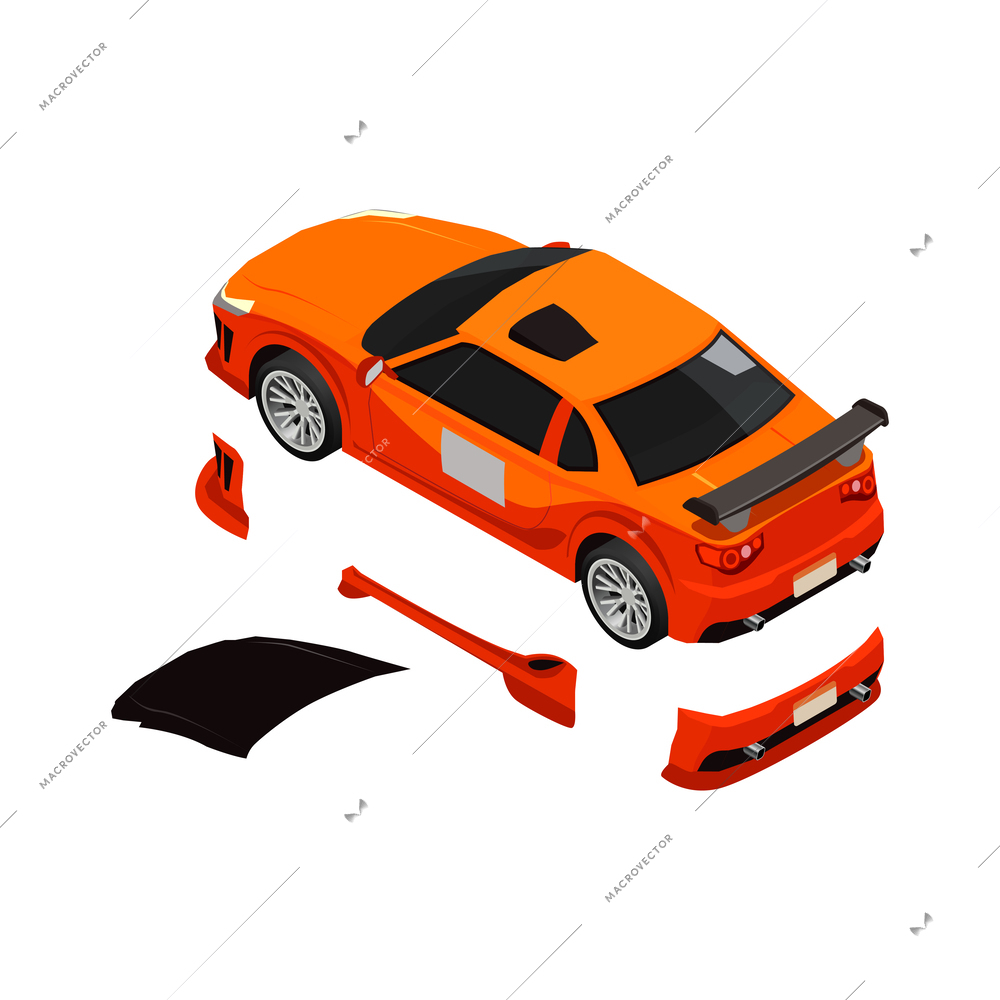 Car tuning isometric composition with icons of detached car parts on blank background vector illustration