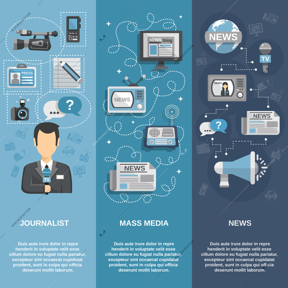 Journalist flat banner set vertical with mass media and news elements isolated vector illustration