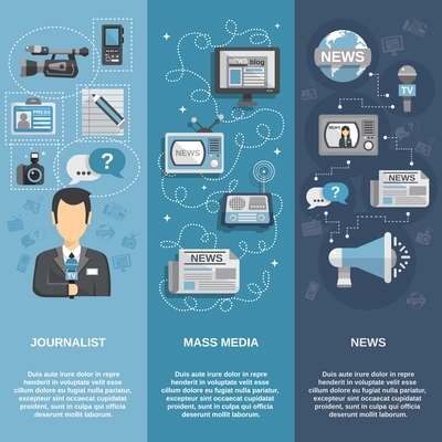 Journalist flat banner set vertical with mass media and news elements isolated vector illustration