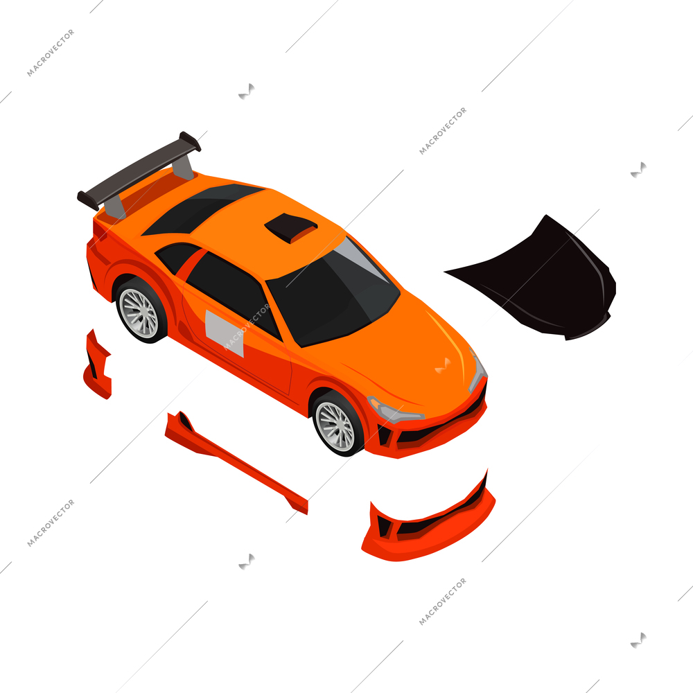 Car tuning isometric composition with icons of detached car parts on blank background vector illustration