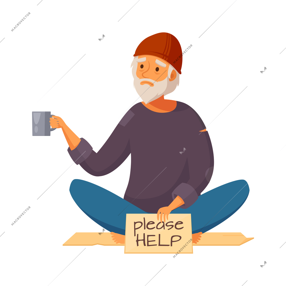 Homeless people cartoon composition with doodle style human character on blank background vector illustration