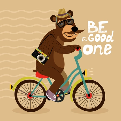 Hipster poster with geek bear riding bicycle vector illustration