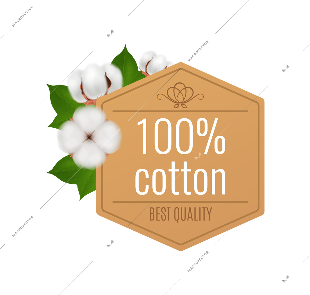 Cotton realistic composition with isolated emblem with best quality organic cotton images vector illustration