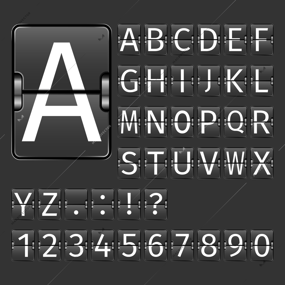 Alphabet letters and numbers on black arrival departure airport board vector illustration