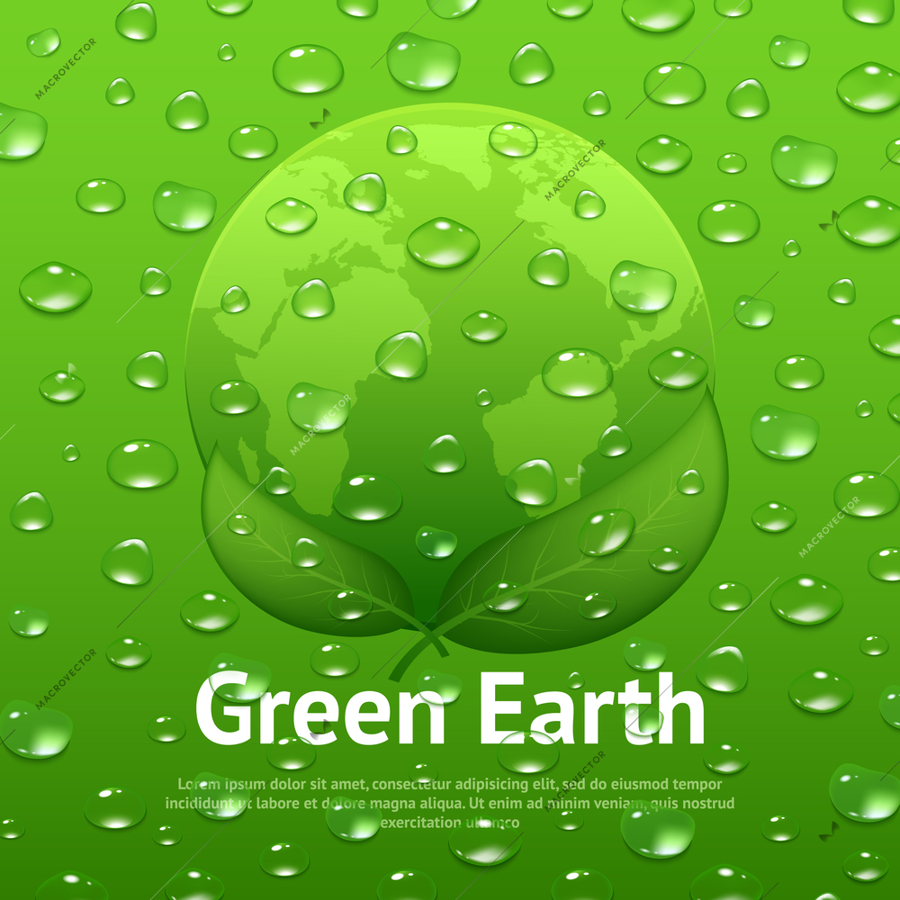 Green earth eco poster with globe leaves and water drops vector illustration