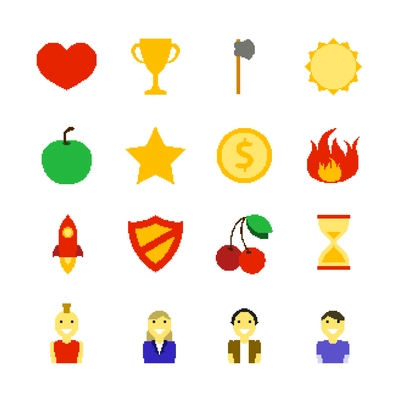 Retro 8-bit games color icons set with trophy symbols and character avatars isolated vector illustration