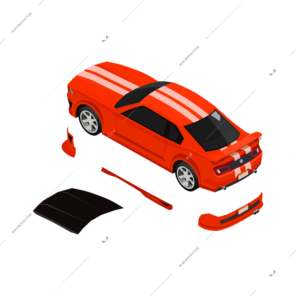 Car tuning isometric composition with icons of detached car parts on blank background vector illustration