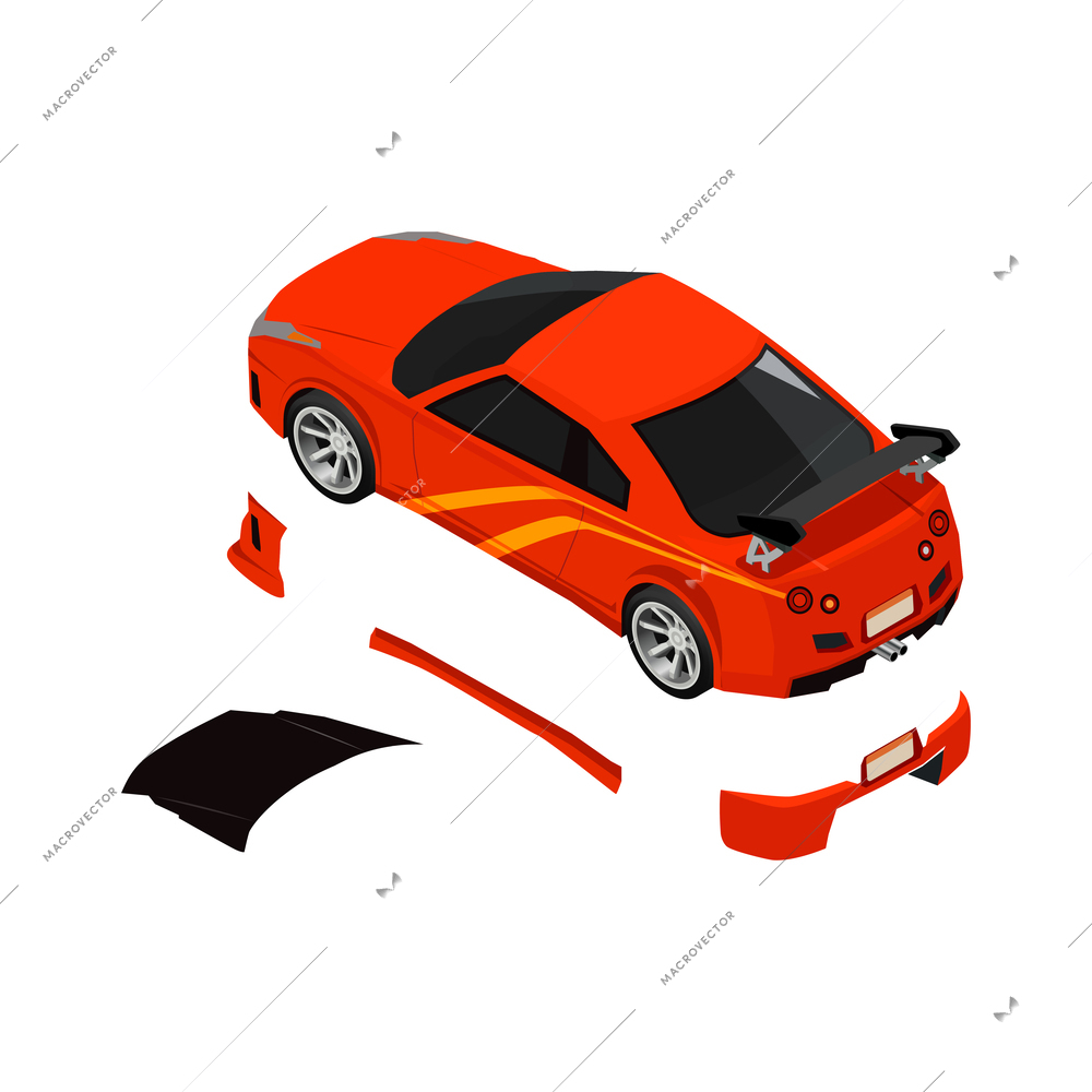 Car tuning isometric composition with icons of detached car parts on blank background vector illustration