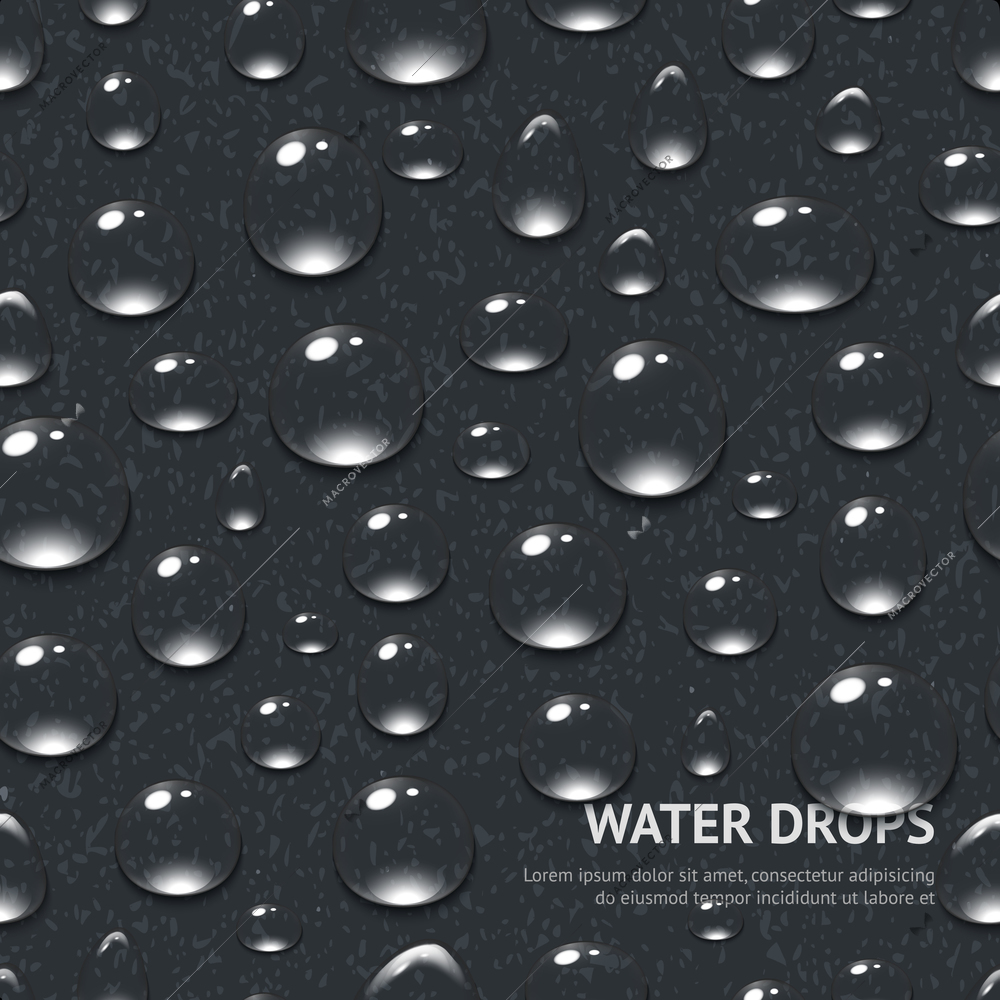 Realistic water drops on black textured background seamless pattern vector illustration