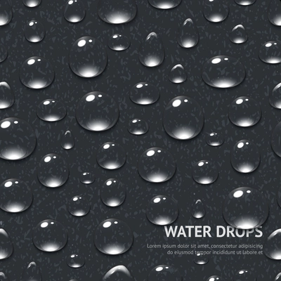 Realistic water drops on black textured background seamless pattern vector illustration