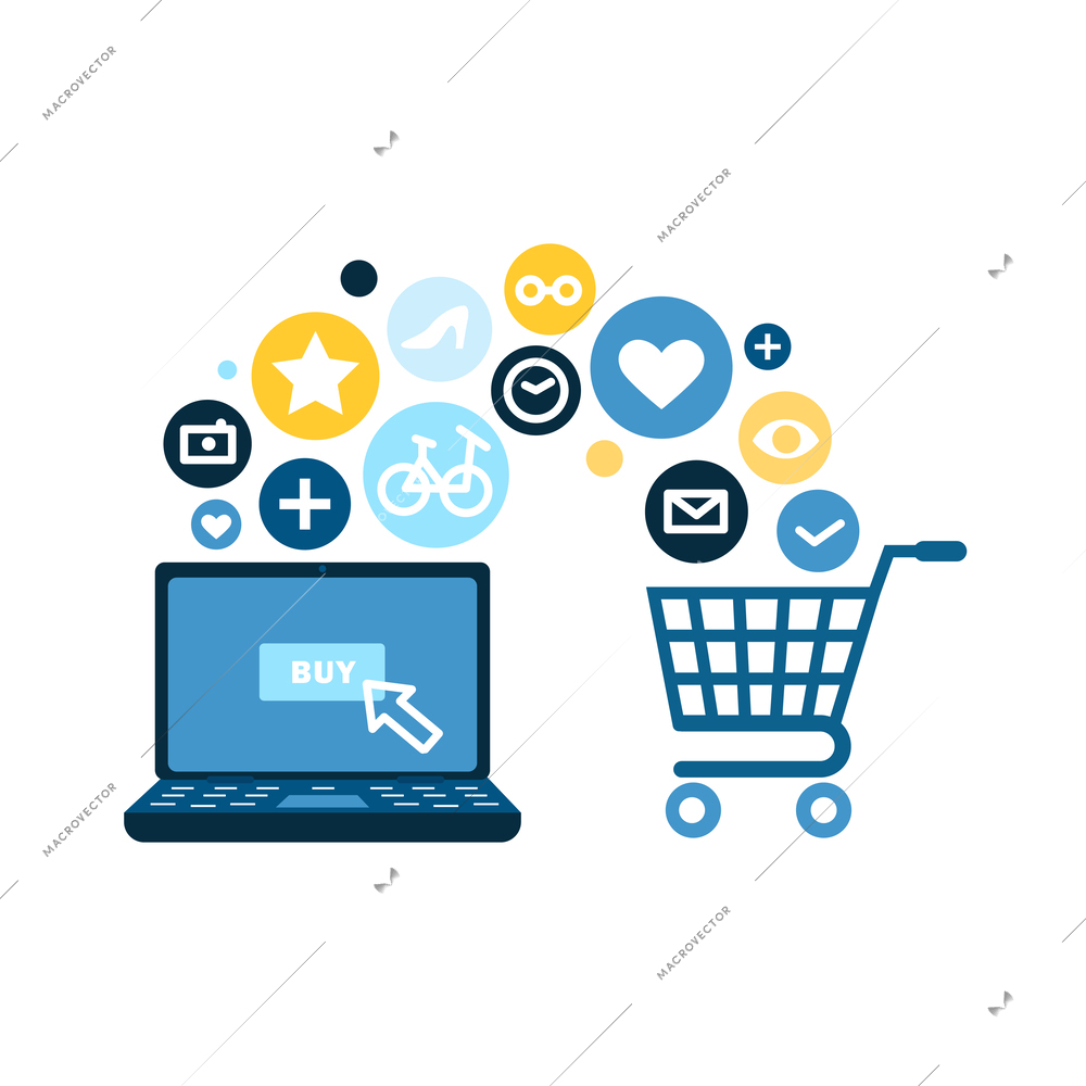 Online shopping composition with doodle style icons and gadgets with round pictograms vector illustration