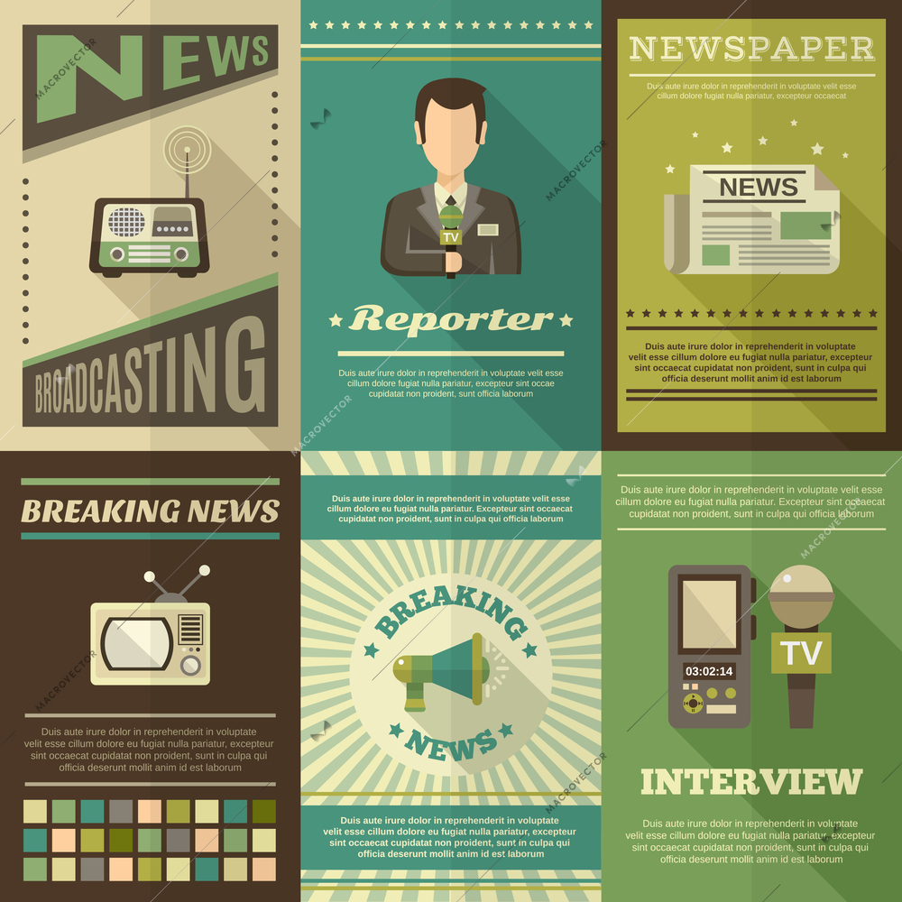 Journalist interview newspaper news broadcasting mini poster set isolated vector illustration