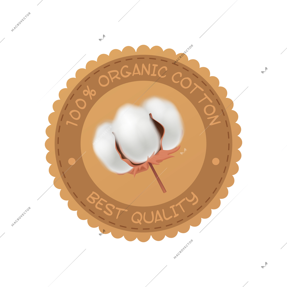 Cotton realistic composition with isolated emblem with best quality organic cotton images vector illustration