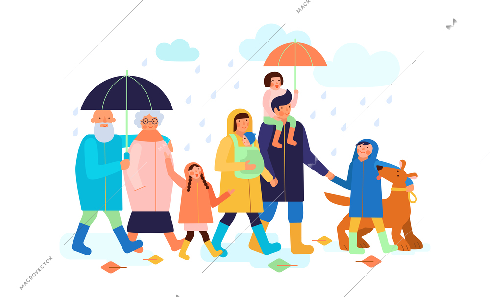 One family seasons composition with outdoor view of doodle family members in autumn vector illustration