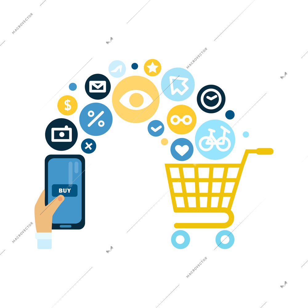 Online shopping composition with doodle style icons and gadgets with round pictograms vector illustration