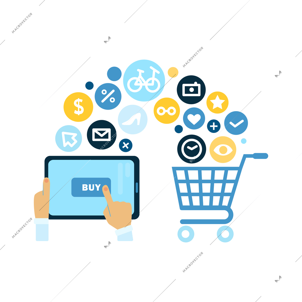 Online shopping composition with doodle style icons and gadgets with round pictograms vector illustration