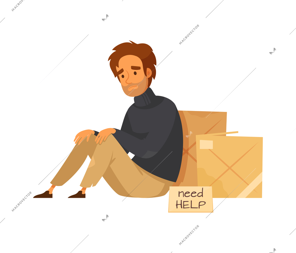 Homeless people cartoon composition with doodle style human character on blank background vector illustration