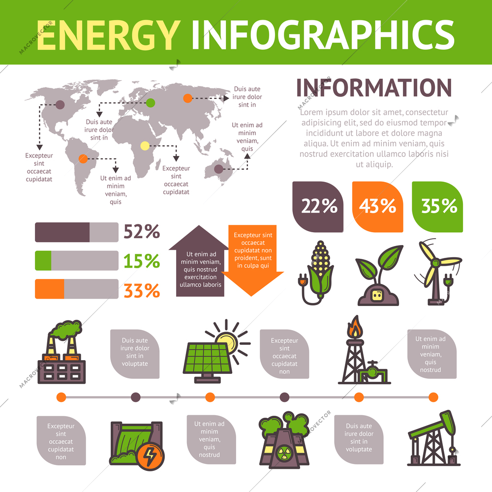 Energy infographics set with electricity manufacturing signs and charts vector illustration