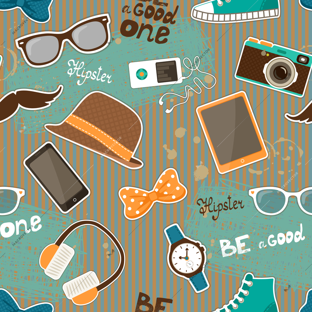 Hipster seamless elements of retro hat and music player camera  vector illustration