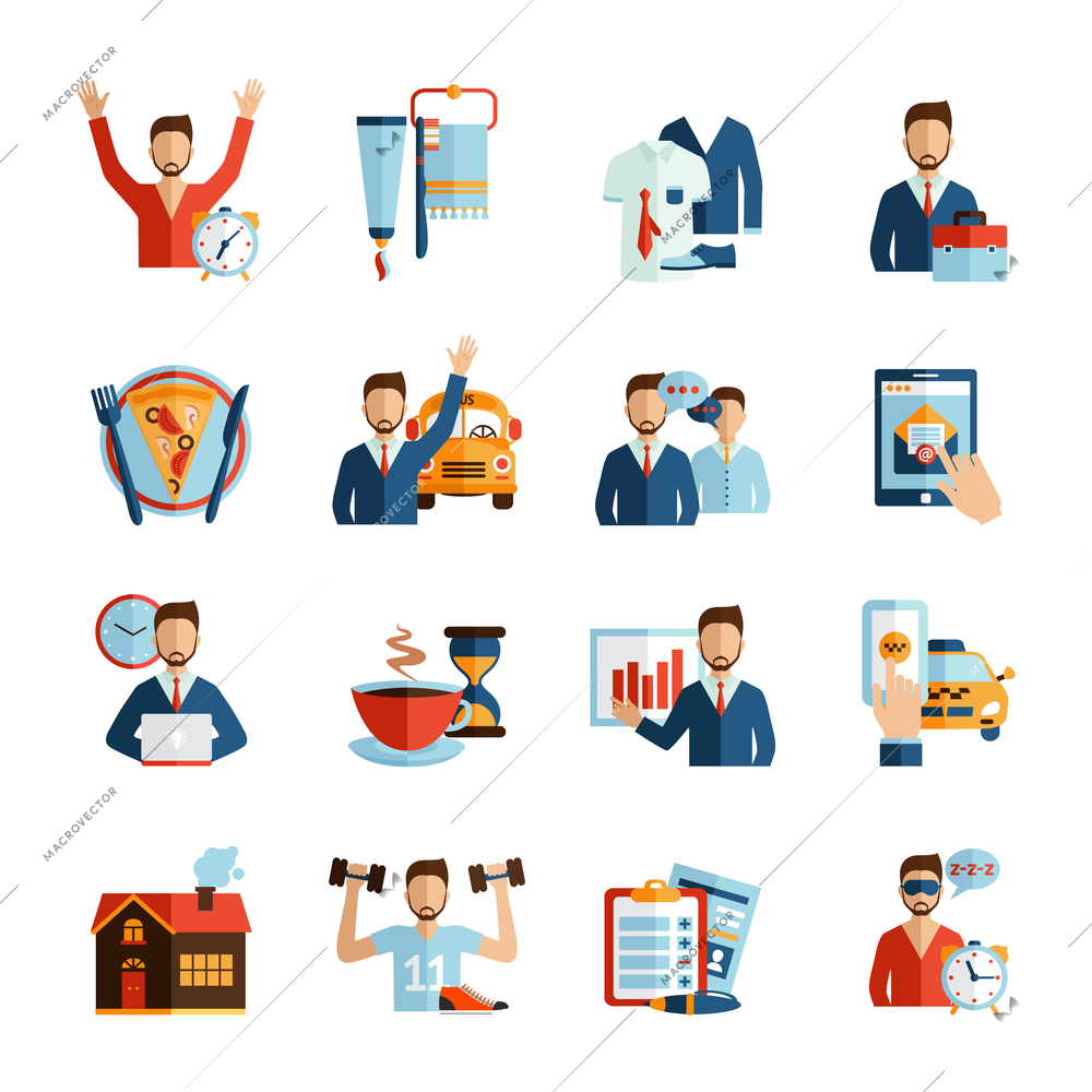 Man daily routine icons set day work and rest life schedule isolated vector illustration