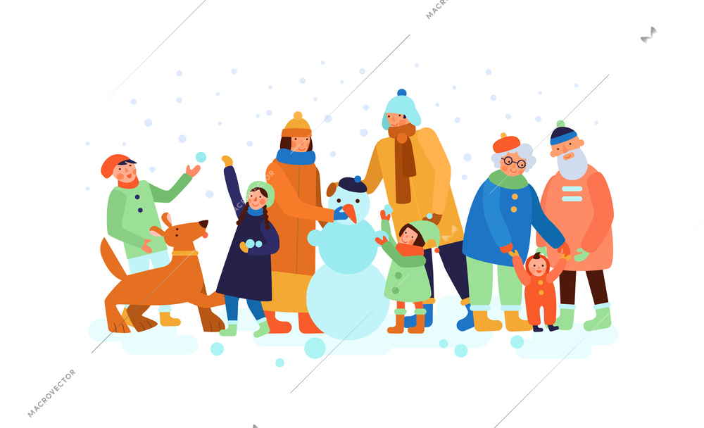 One family seasons composition with outdoor view of doodle family members in winter vector illustration