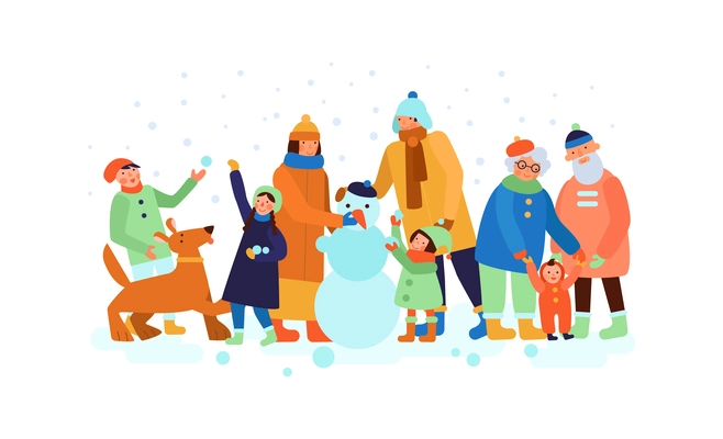 One family seasons composition with outdoor view of doodle family members in winter vector illustration