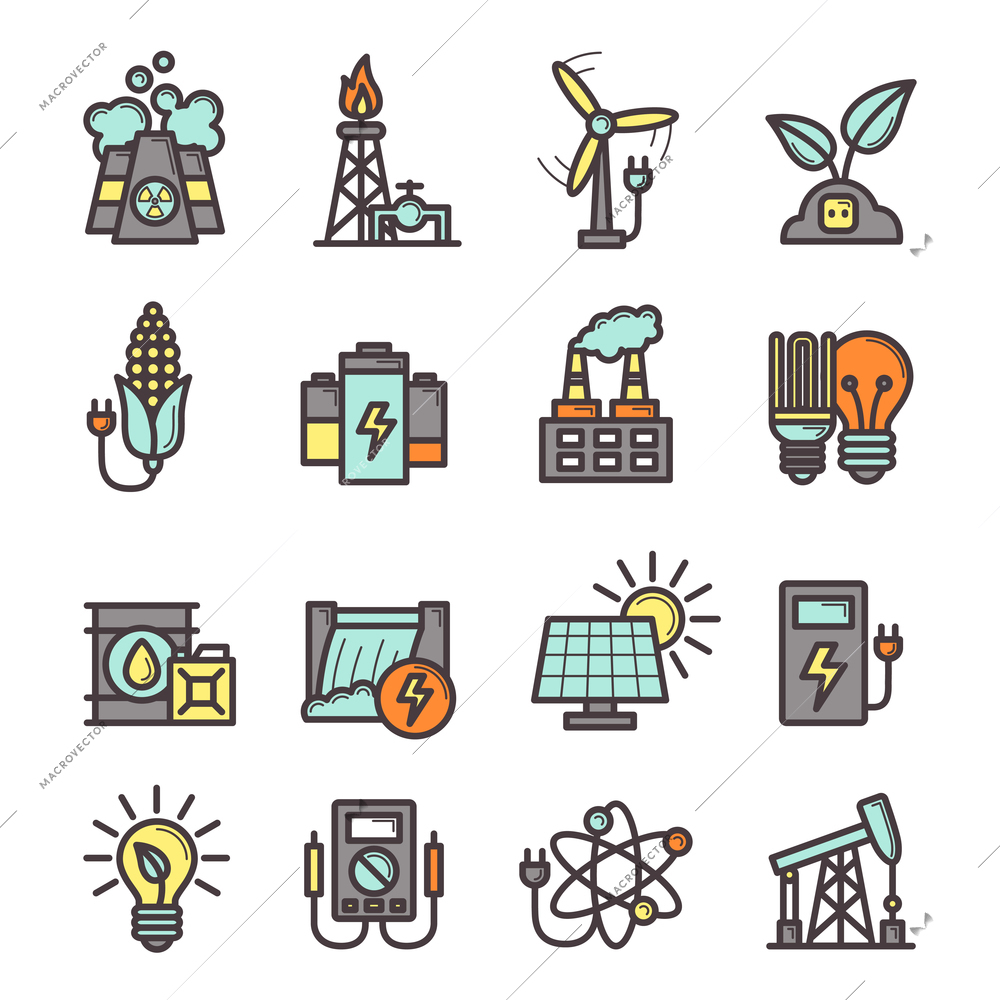 Energy manufacturing icons set with plug bulb pylon nuclear station isolated vector illustration