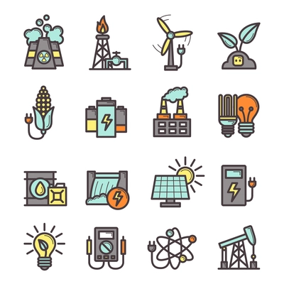 Energy manufacturing icons set with plug bulb pylon nuclear station isolated vector illustration