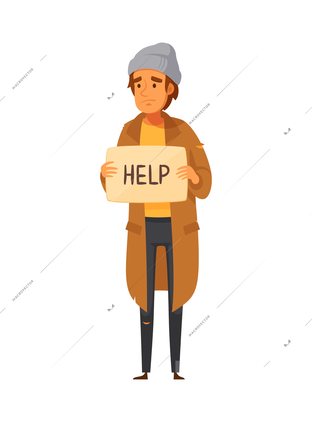 Homeless people cartoon composition with doodle style human character on blank background vector illustration