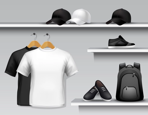 Sportswear store shelf with t-shirts bags caps and shoes vector illustration