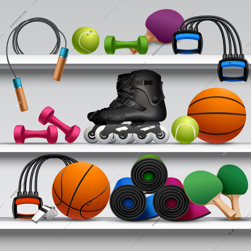 Sport store shelf with fitness equipment balls and rackets vector illustration