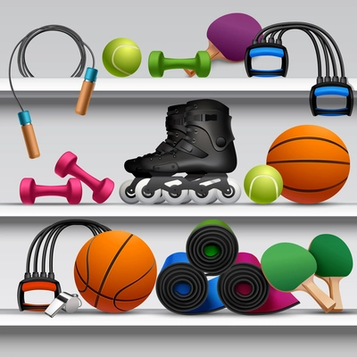 Sport store shelf with fitness equipment balls and rackets vector illustration