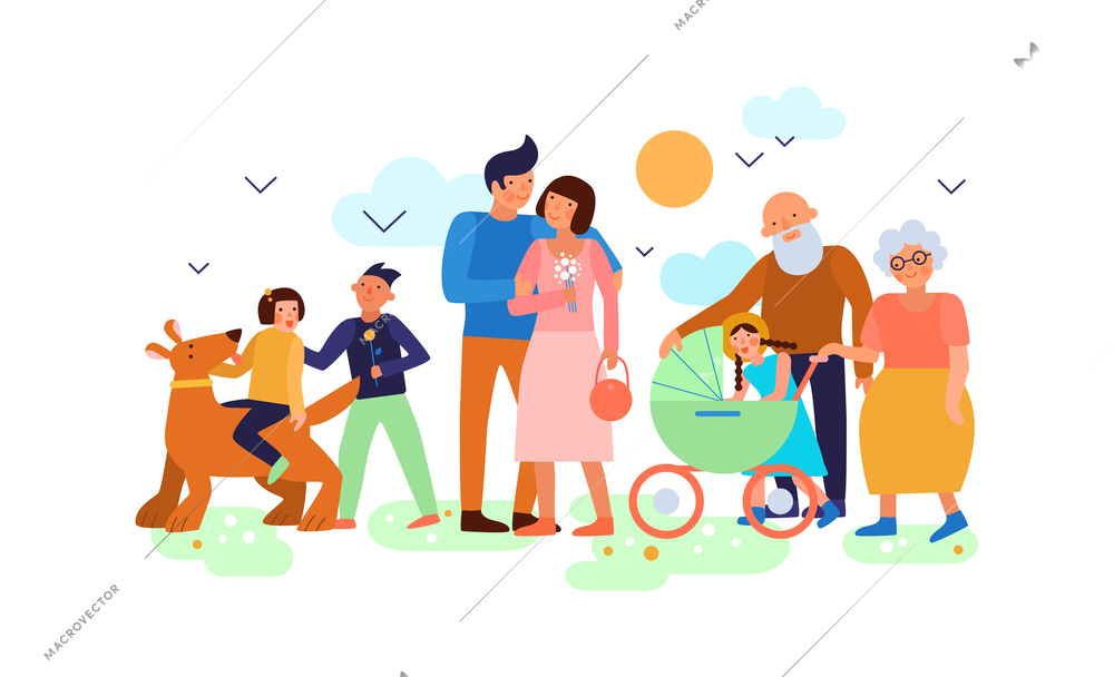 One family seasons composition with outdoor view of doodle family members in spring vector illustration