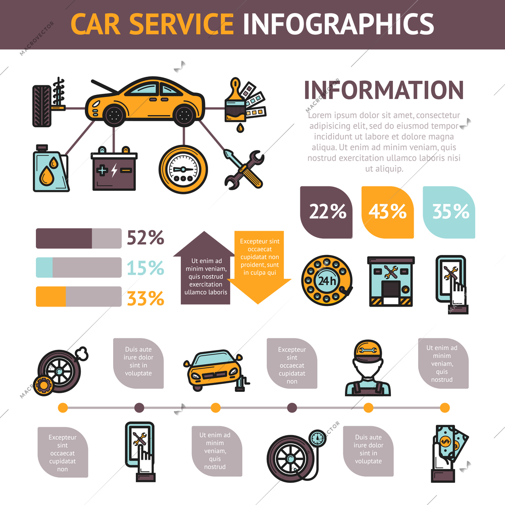 Car service infographics set with auto vehicle repair symbols and charts vector illustration