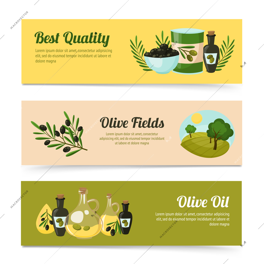 Olive horizontal banners set with quality oil fields elements isolated vector illustration
