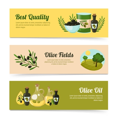 Olive horizontal banners set with quality oil fields elements isolated vector illustration