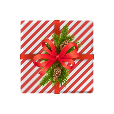 Christmas composition with isolated top view of wrapped gift box with colored ribbon and bow isolated vector illustration