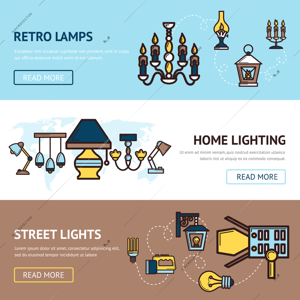 Light horizontal banners set with retro street and home lamps elements isolated vector illustration