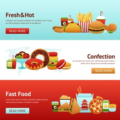 Fast food horizontal banner set with donuts soda potato chips isolated vector illustration