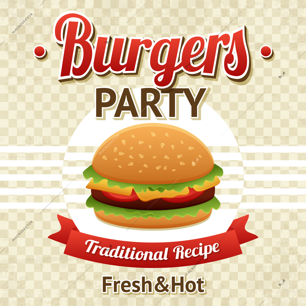 Fast food poster with beef hamburger and burgers party text vector illustration